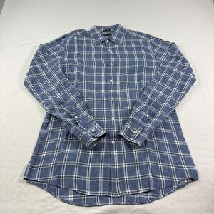 Bergdorf Goodman Linen Shirt Mens Medium Blue Plaid Button Up Long Sleeve Beach